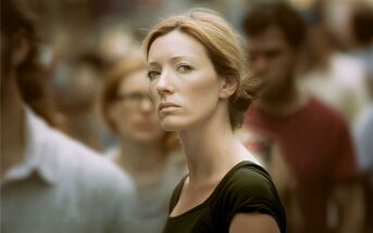 A woman with light brown hair and a serious expression stands in a crowd, looking directly at the camera. The background is blurred, highlighting her presence among the people.