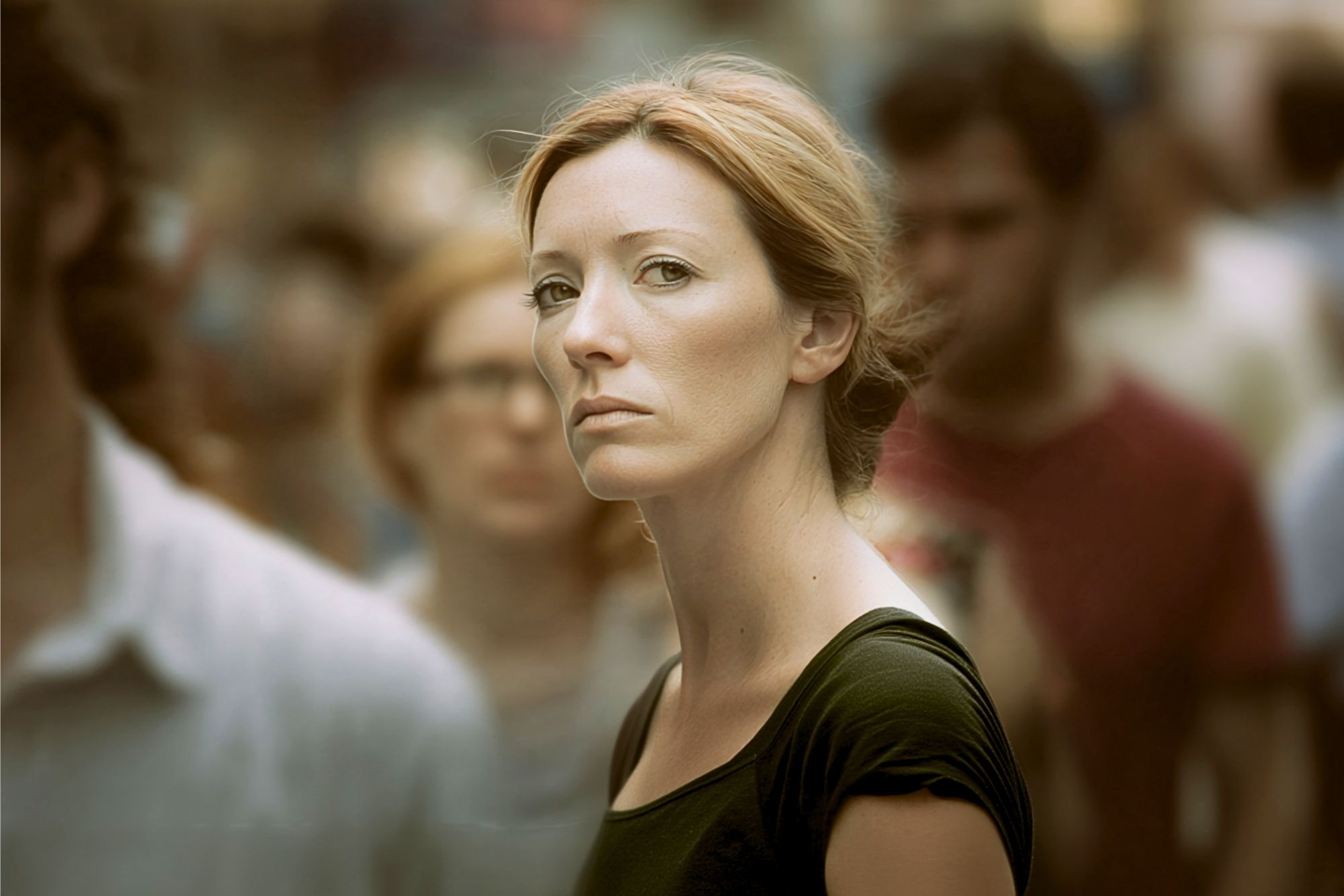 A woman with light brown hair and a serious expression stands in a crowd, looking directly at the camera. The background is blurred, highlighting her presence among the people.