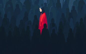 An illustration of a woman in a bright red coat standing out in a crowd of shadowy, darkly colored people. She faces left, illuminated, while the surrounding figures blend into the dark blue background.