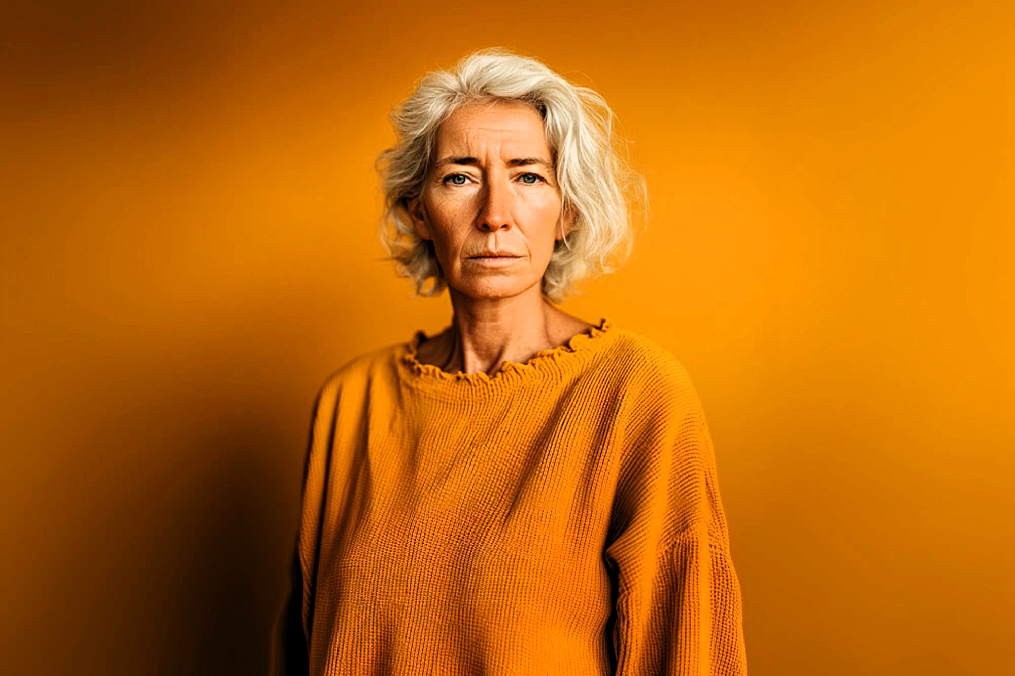 A serious older woman with short white hair wearing a loose, textured orange top stands against a solid orange background, creating a harmonious and warm color palette.