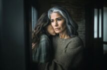 A woman with gray hair embraces a younger person, both looking concerned. They stand by a window with soft light coming in, conveying a sense of worry or comfort in a dimly lit room.