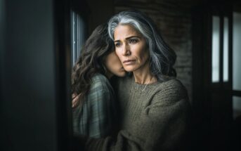 A woman with gray hair embraces a younger person, both looking concerned. They stand by a window with soft light coming in, conveying a sense of worry or comfort in a dimly lit room.
