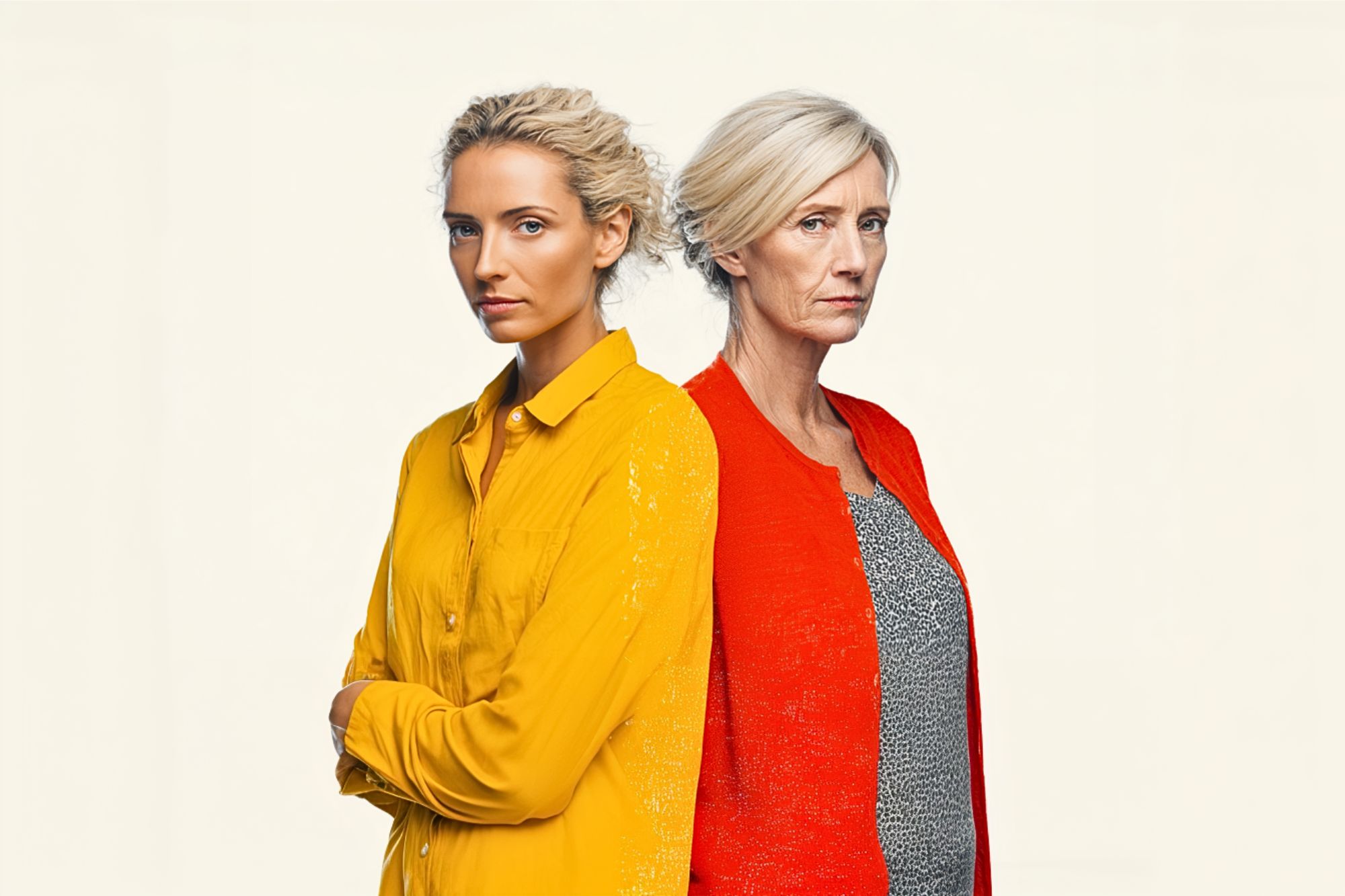 Two women stand back to back against a plain background. One is younger with blonde hair, wearing a yellow shirt; the other is older with light hair in a bun, wearing a red cardigan over a patterned top. Both have serious expressions.