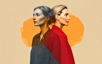 Two women standing back to back, one wearing a dark blouse and the other in a red shirt, with an orange watercolor shape behind them on a beige background. The image has a double exposure effect.