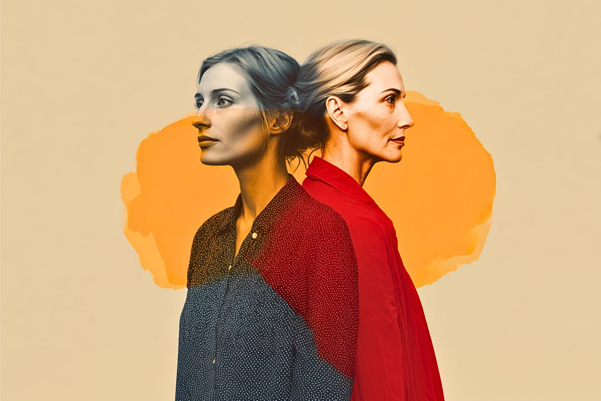 Two women standing back to back, one wearing a dark blouse and the other in a red shirt, with an orange watercolor shape behind them on a beige background. The image has a double exposure effect.