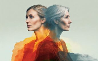 Two women, back to back, one younger with blonde hair and one older with gray hair, are blended together over a soft, abstract background of orange and teal hues.