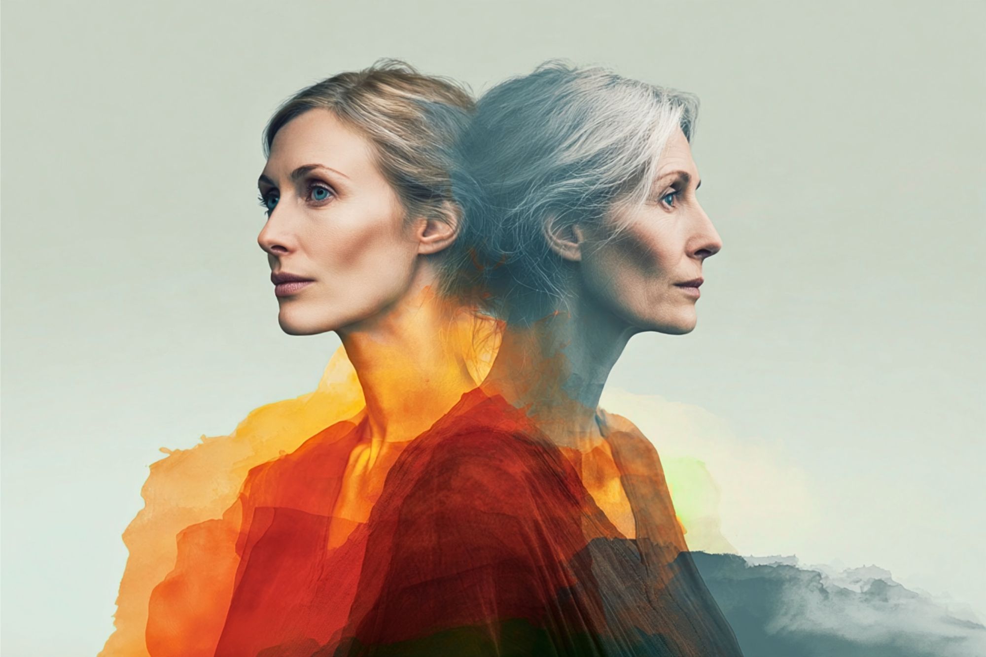 Two women, back to back, one younger with blonde hair and one older with gray hair, are blended together over a soft, abstract background of orange and teal hues.