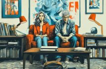 A woman and man sit tensely on a red couch in a living room, surrounded by books, lamps, and abstract artwork. A coffee table with papers and a backpack is in front of them; both look serious and distant.