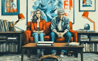 A woman and man sit tensely on a red couch in a living room, surrounded by books, lamps, and abstract artwork. A coffee table with papers and a backpack is in front of them; both look serious and distant.