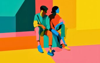Two people sit side by side on a bench in a minimalist, colorful abstract setting. Their figures are shaded in bright blues, greens, reds, and yellows, with geometric shapes forming the vibrant background.