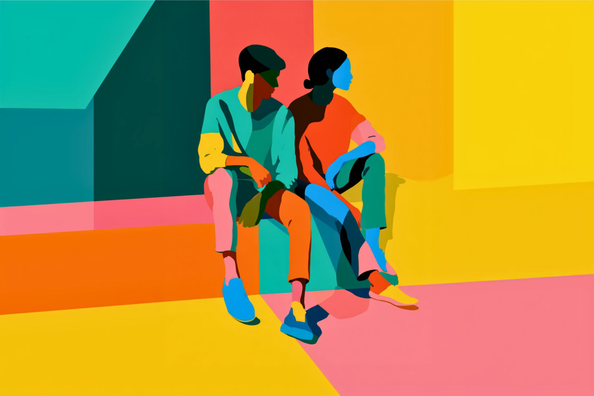 Two people sit side by side on a bench in a minimalist, colorful abstract setting. Their figures are shaded in bright blues, greens, reds, and yellows, with geometric shapes forming the vibrant background.