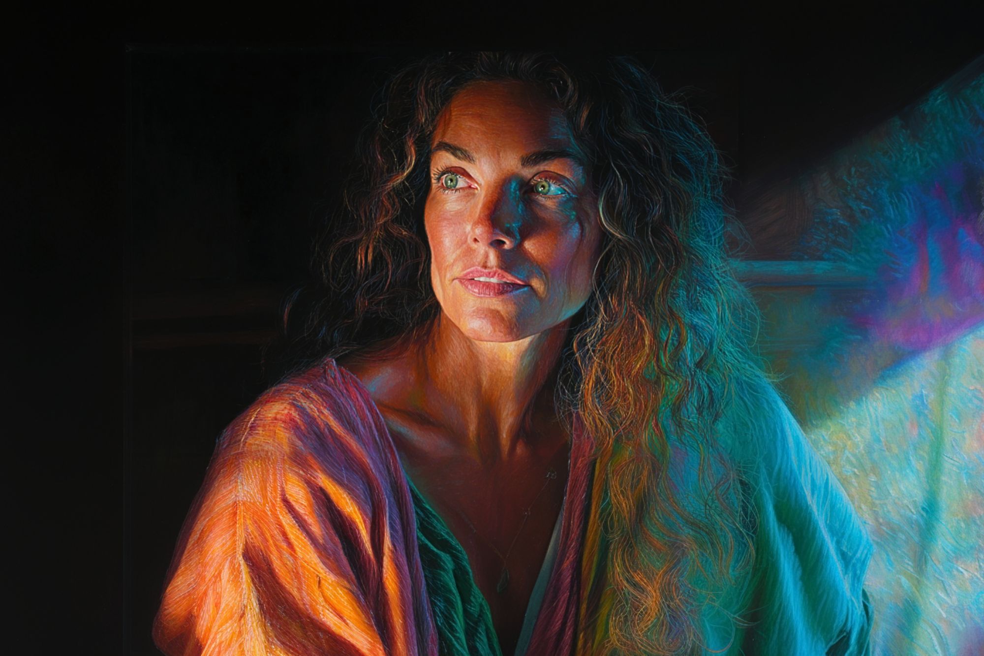 A woman with long, curly hair gazes thoughtfully to the side. She is bathed in dramatic, colorful light that creates a vibrant and moody atmosphere. She wears a draped, multicolored garment against a dark background.