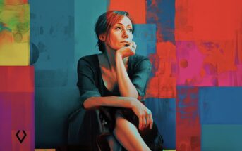 A woman sits thoughtfully with her chin resting on her hand, surrounded by a vibrant, abstract background of blue, red, and orange geometric shapes. She wears a dark dress and gazes off to the side.
