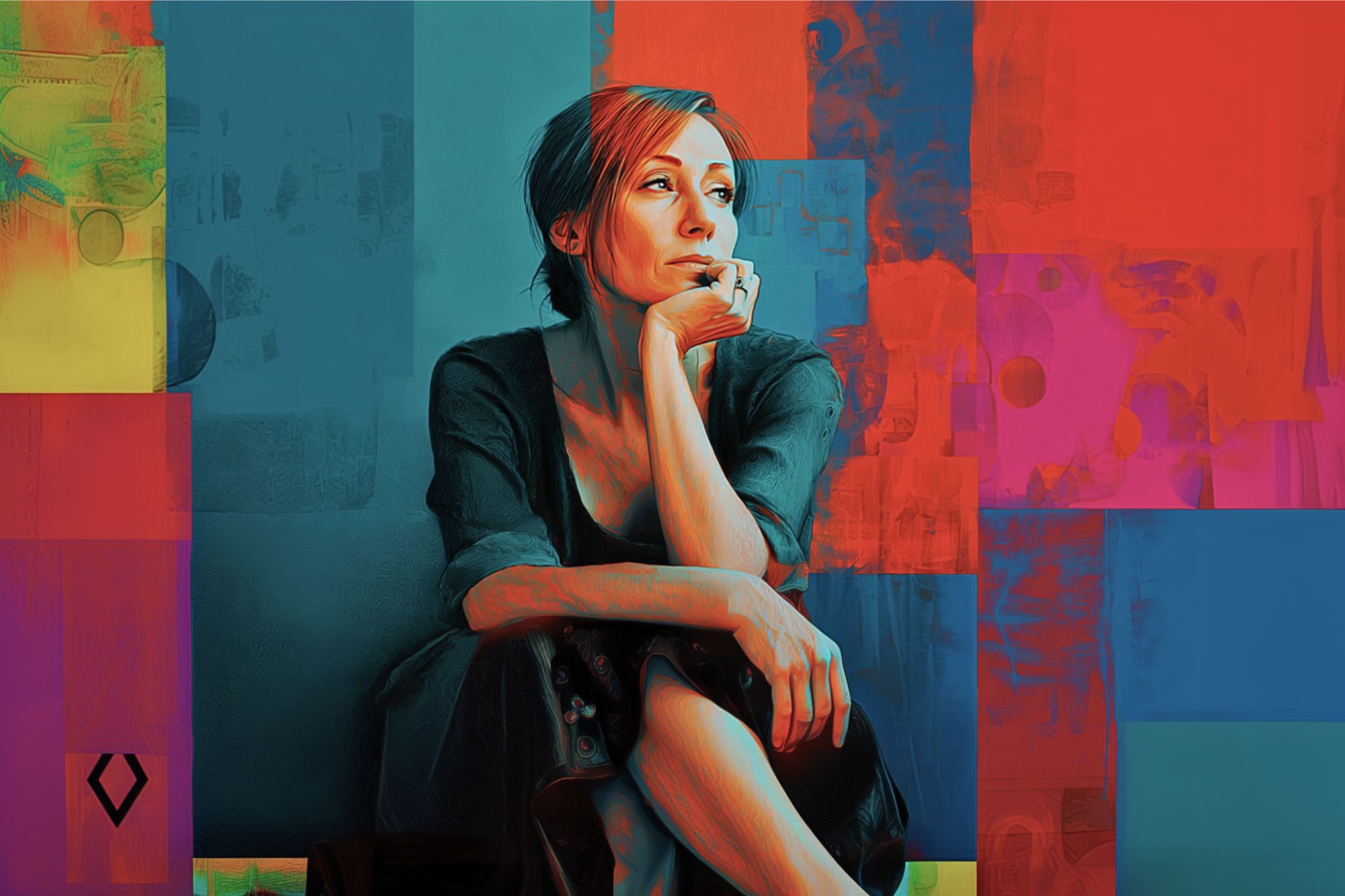 A woman sits thoughtfully with her chin resting on her hand, surrounded by a vibrant, abstract background of blue, red, and orange geometric shapes. She wears a dark dress and gazes off to the side.