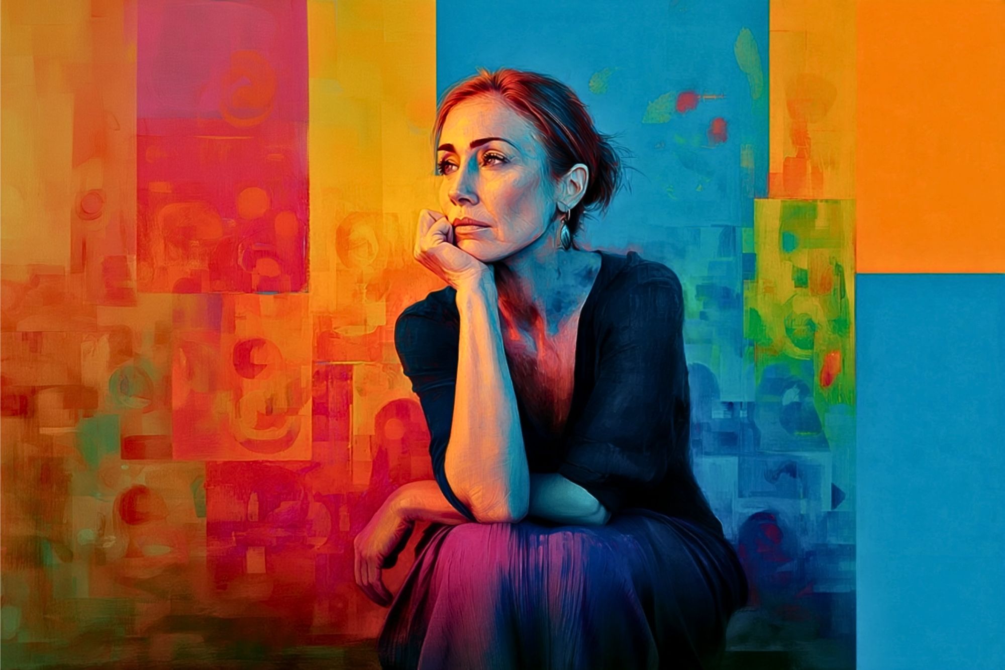 A woman sits thoughtfully with her chin on her hand against a vibrant, abstract background of orange, blue, and yellow blocks and swirls.