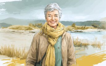 An older woman with short gray hair smiles warmly, wearing a light brown jacket and yellow scarf, standing outdoors near a lake with sandy banks and distant hills under a cloudy sky.