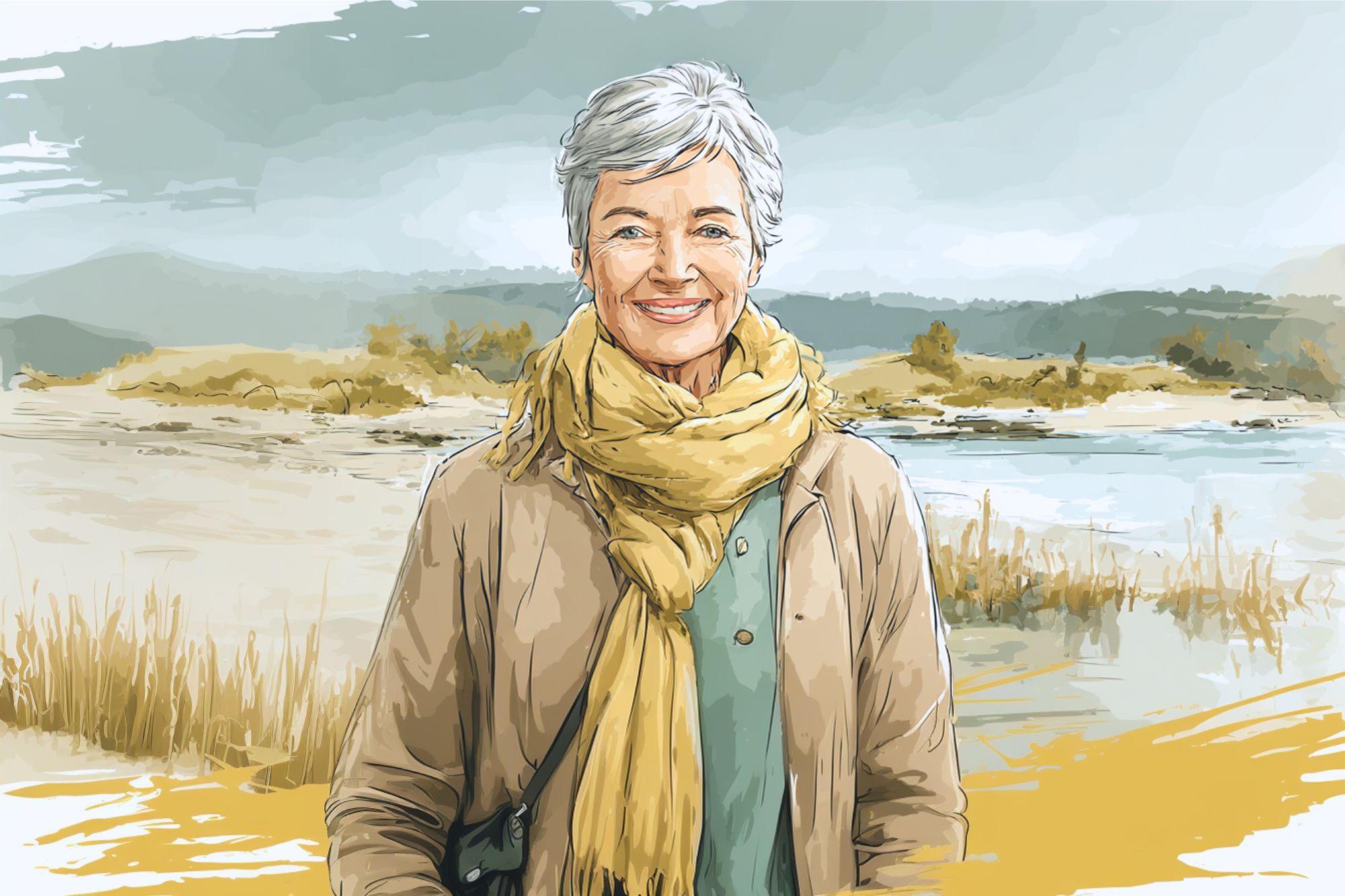 An older woman with short gray hair smiles warmly, wearing a light brown jacket and yellow scarf, standing outdoors near a lake with sandy banks and distant hills under a cloudy sky.