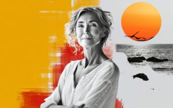 A confident older woman stands with folded arms, overlaid on an abstract background with yellow and red brushstrokes, a bright orange sunset, ocean waves, rocks, and a flying bird.