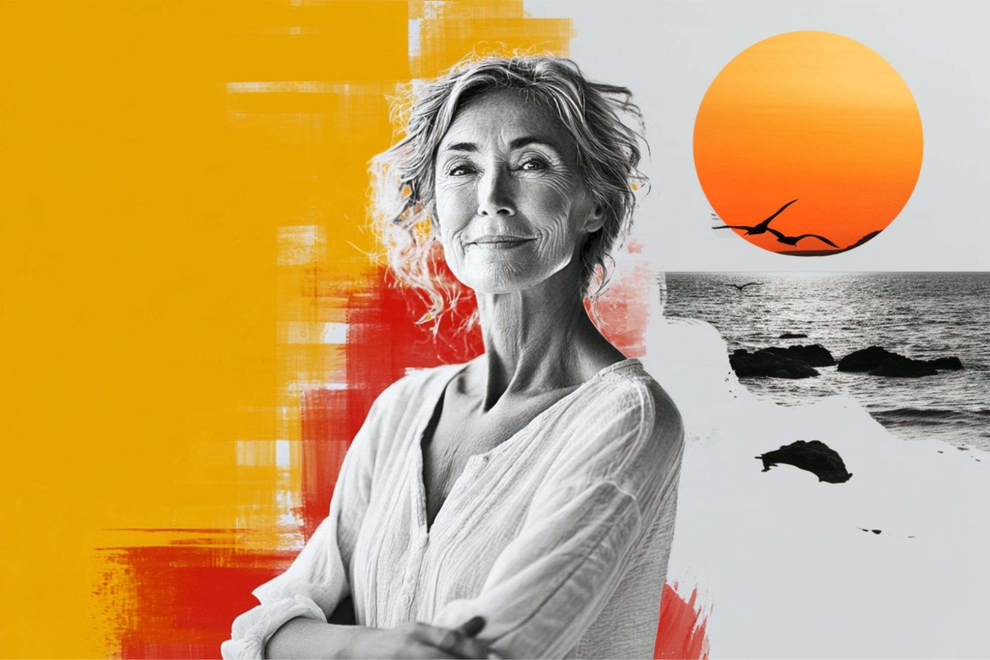 A confident older woman stands with folded arms, overlaid on an abstract background with yellow and red brushstrokes, a bright orange sunset, ocean waves, rocks, and a flying bird.