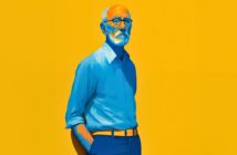 An illustrated older man with a white beard and glasses stands against a bright yellow background, wearing a blue collared shirt with rolled-up sleeves and dark pants, looking thoughtfully to the side.