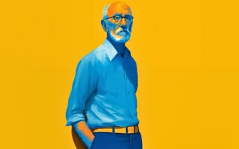 An illustrated older man with a white beard and glasses stands against a bright yellow background, wearing a blue collared shirt with rolled-up sleeves and dark pants, looking thoughtfully to the side.