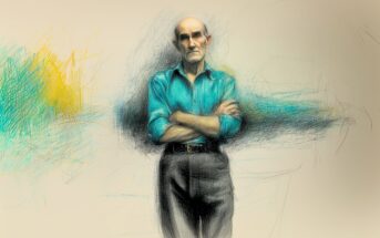 An older man in a teal shirt and black pants stands with arms crossed, looking serious. The background features abstract, sketch-like streaks of blue, yellow, and gray.
