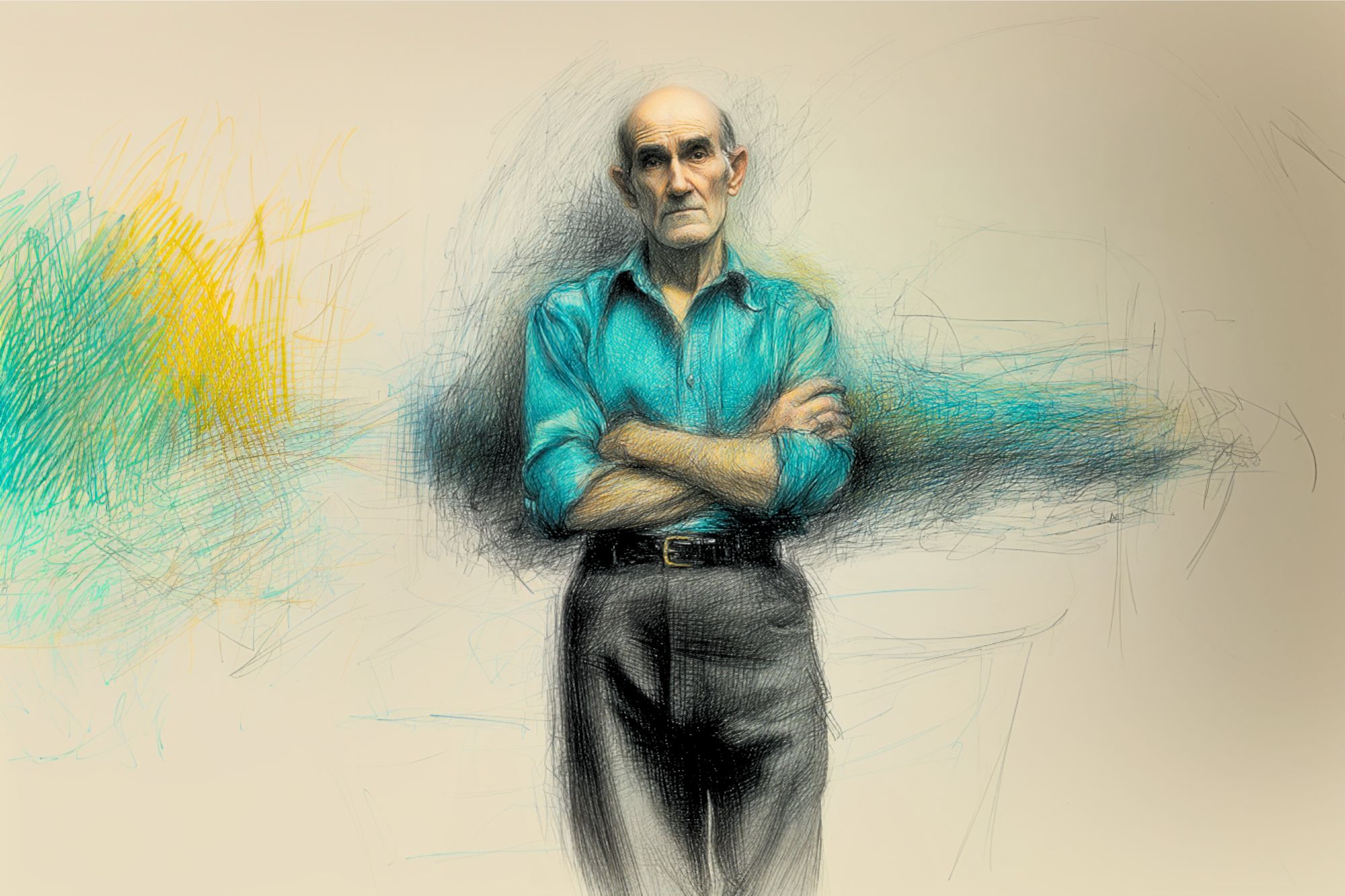 An older man in a teal shirt and black pants stands with arms crossed, looking serious. The background features abstract, sketch-like streaks of blue, yellow, and gray.