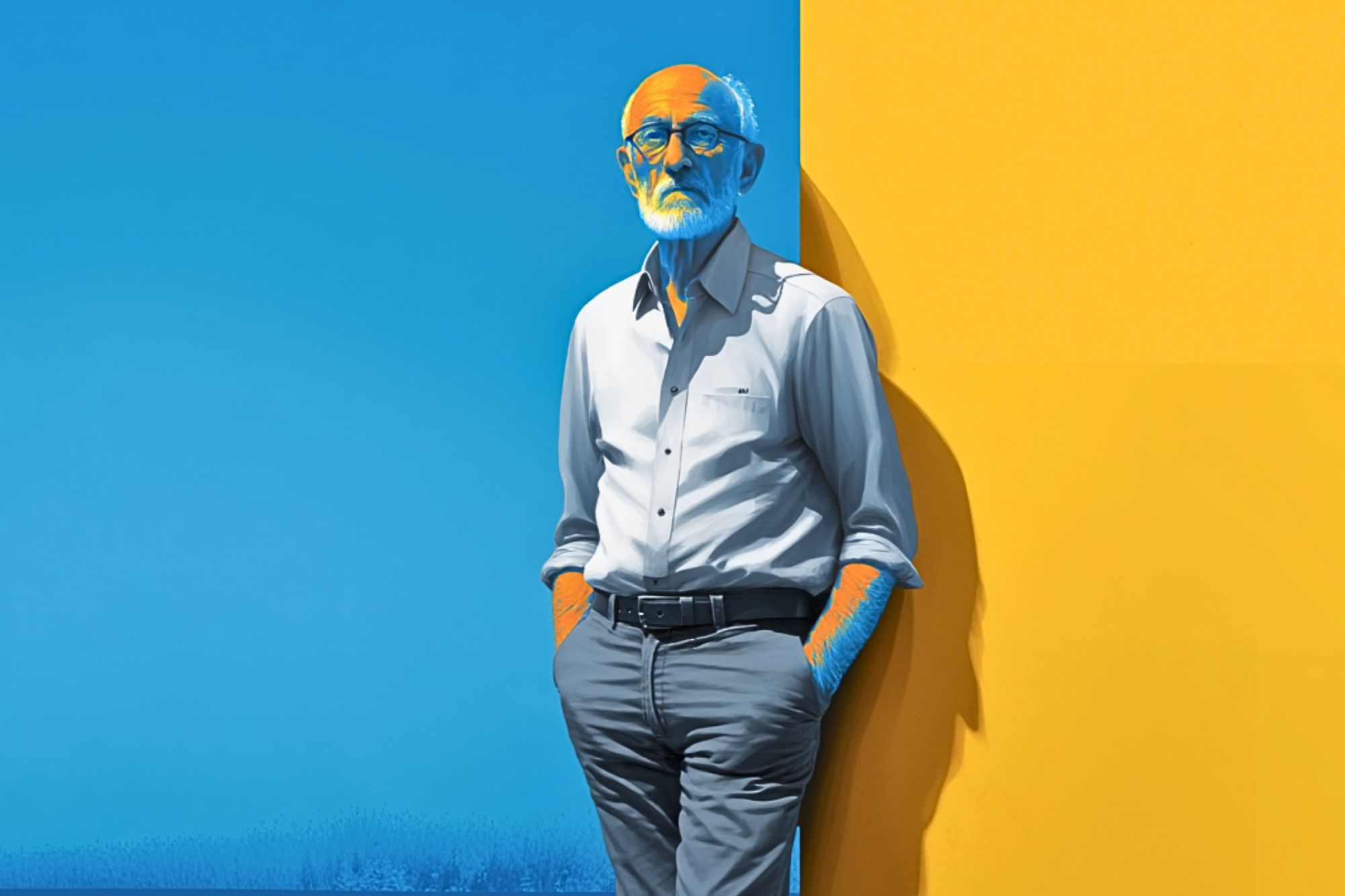 An older man with a white beard and glasses stands with hands in pockets, leaning against a bright yellow wall next to a blue background. He wears a light shirt and gray pants, with blue and yellow lighting on his face and body.