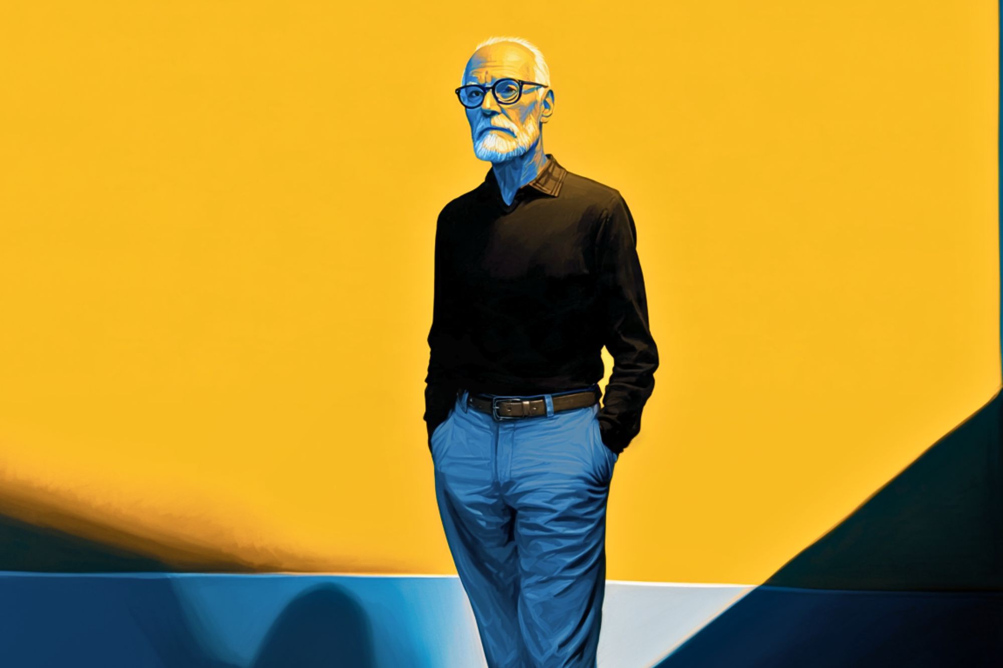 An older man with white hair and glasses stands against a vibrant yellow background, hands in his pockets, wearing a dark shirt and light pants.