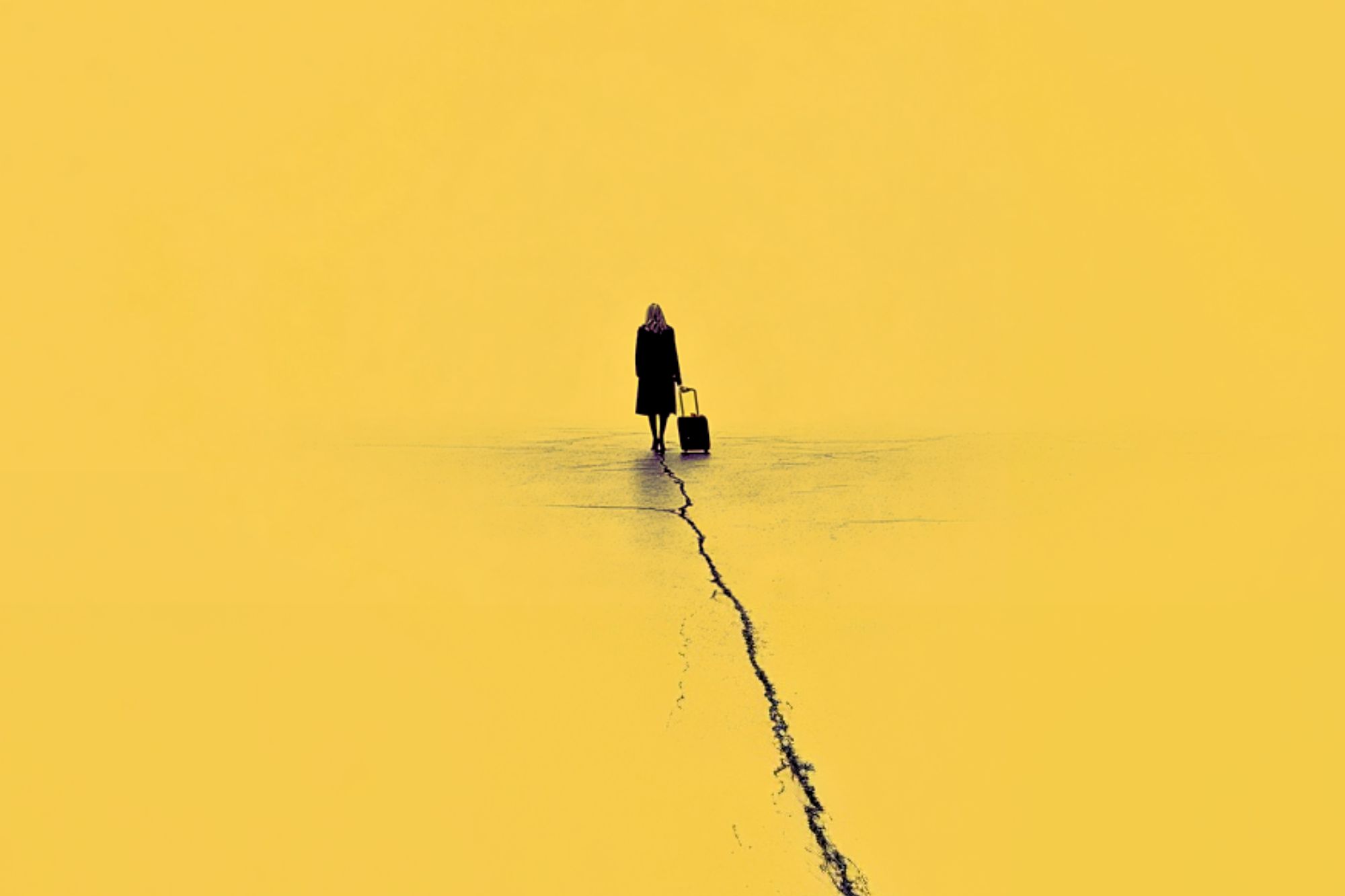 A person in dark clothing stands on a yellow surface, pulling a suitcase along a long crack that runs through the ground, with a minimalist yellow background.