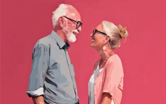 An elderly man and woman, both with glasses and white hair, stand facing each other smiling against a solid pink background. The man wears a light blue shirt, and the woman wears a light pink shirt over a white top.