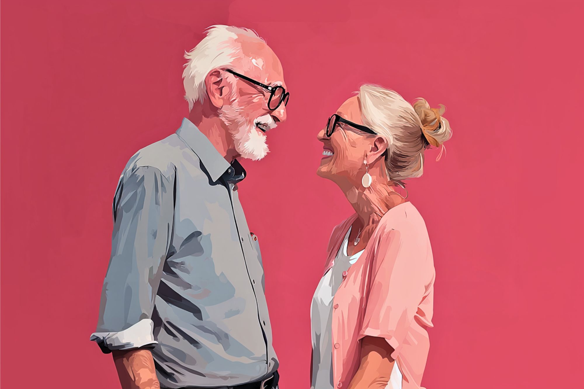 An elderly man and woman, both with glasses and white hair, stand facing each other smiling against a solid pink background. The man wears a light blue shirt, and the woman wears a light pink shirt over a white top.