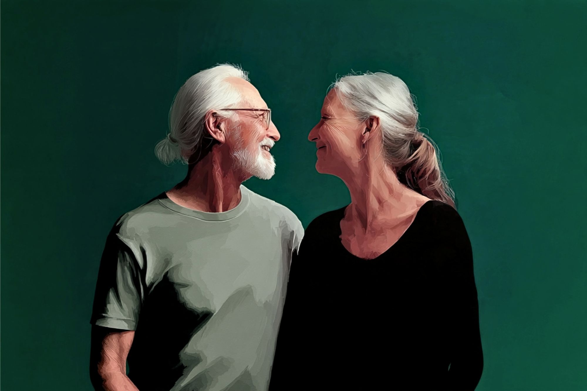 An elderly man and woman with gray hair smile warmly at each other against a green background.