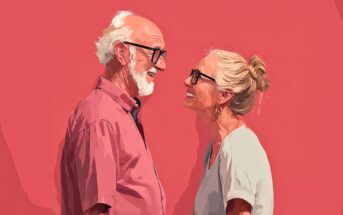 Illustration of an elderly man and woman smiling at each other against a pink background. Both wear glasses; the man has a white beard and pink shirt, and the woman has blonde hair in a bun and a light shirt.