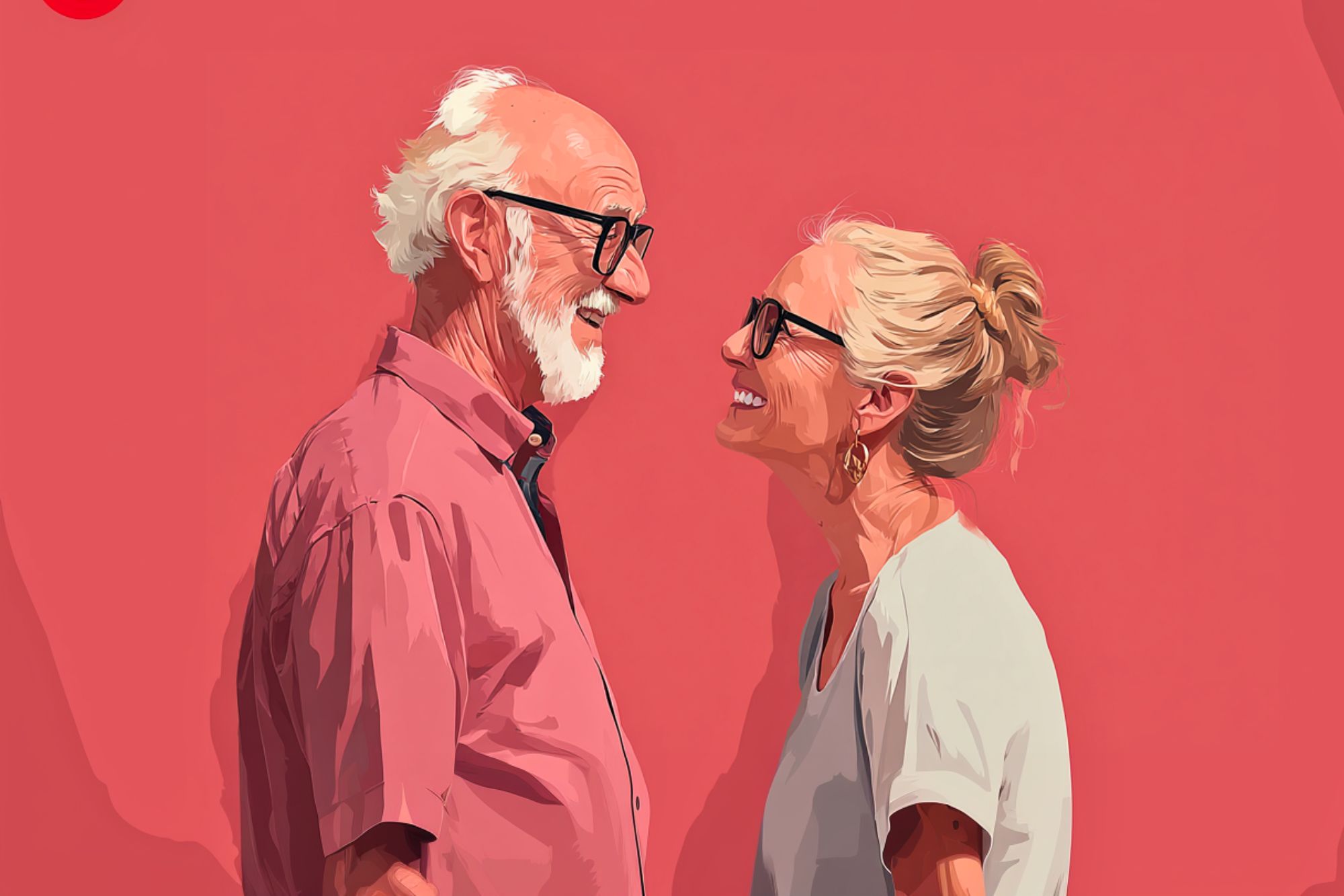 Illustration of an elderly man and woman smiling at each other against a pink background. Both wear glasses; the man has a white beard and pink shirt, and the woman has blonde hair in a bun and a light shirt.