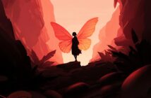 A silhouette of a person with large, glowing butterfly wings stands on a rocky ledge in a canyon, surrounded by dramatic red and orange lighting.