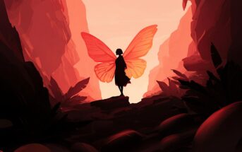 A silhouette of a person with large, glowing butterfly wings stands on a rocky ledge in a canyon, surrounded by dramatic red and orange lighting.