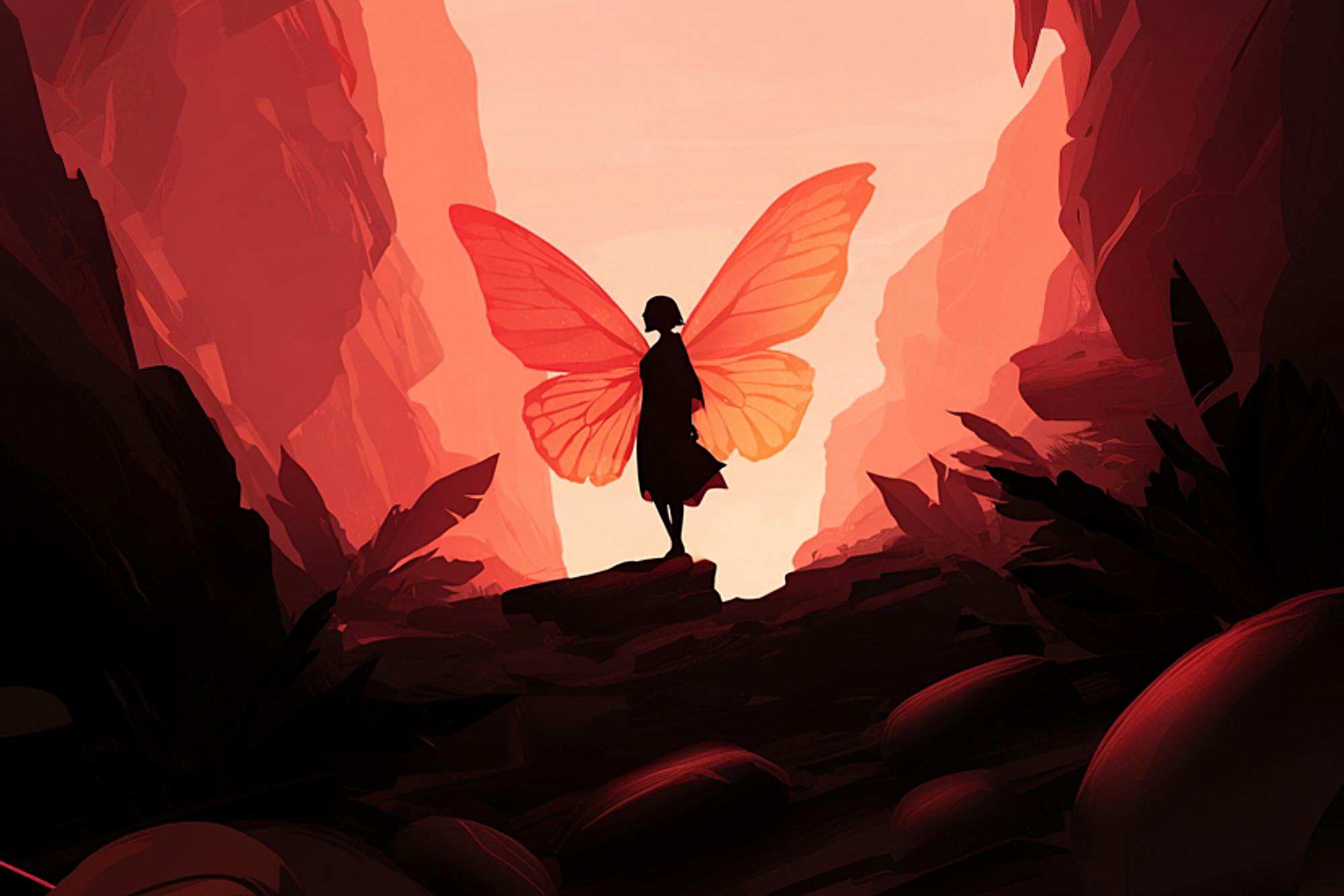 A silhouette of a person with large, glowing butterfly wings stands on a rocky ledge in a canyon, surrounded by dramatic red and orange lighting.