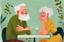 Illustration of an older man and woman sitting at a table with two glasses of wine, facing each other, appearing to be in conversation. The background features green tones and leafy plants.