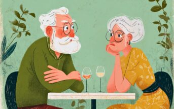 Illustration of an older man and woman sitting at a table with two glasses of wine, facing each other, appearing to be in conversation. The background features green tones and leafy plants.