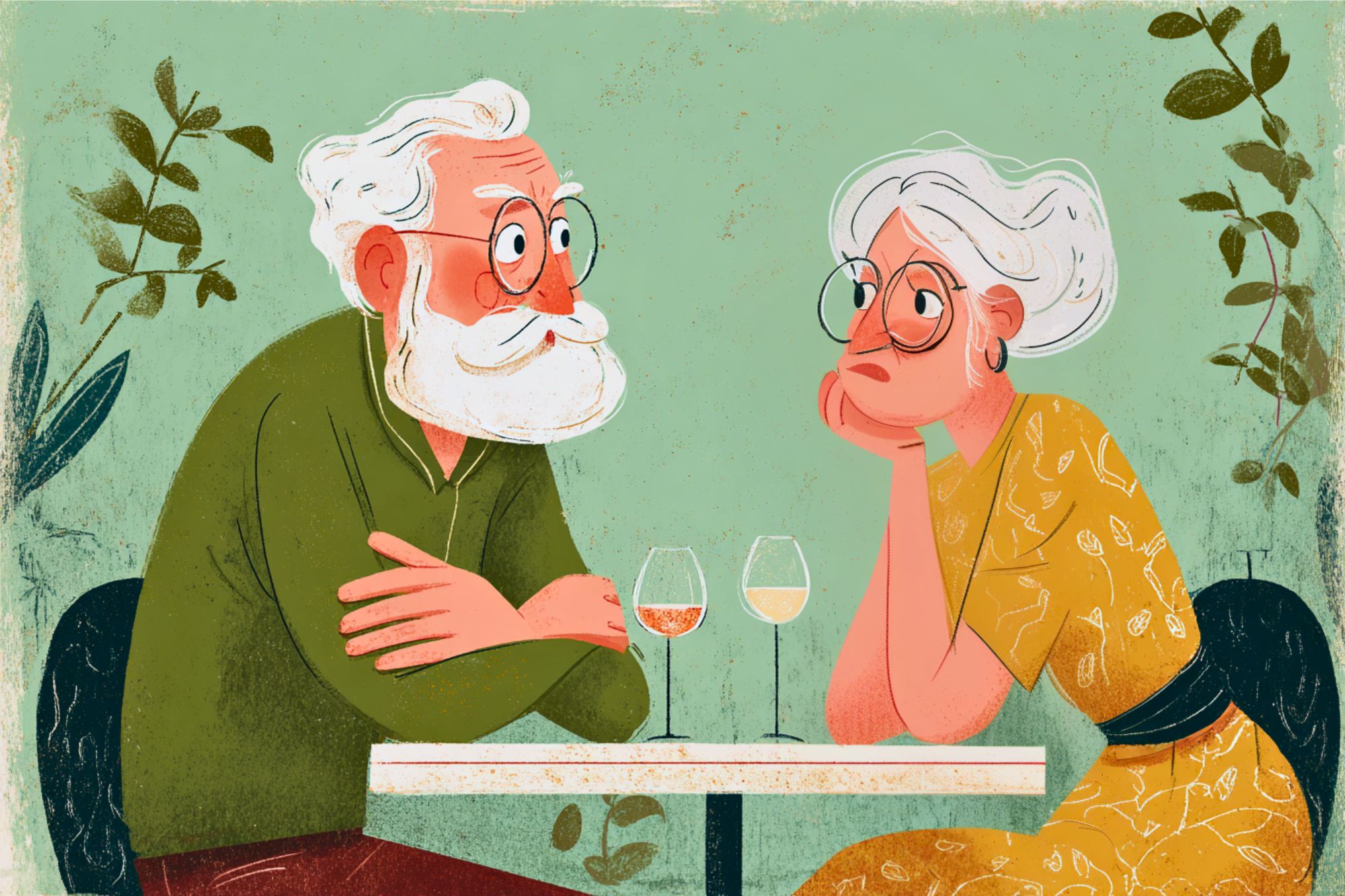 Illustration of an older man and woman sitting at a table with two glasses of wine, facing each other, appearing to be in conversation. The background features green tones and leafy plants.