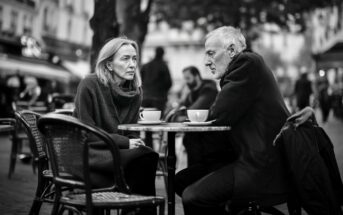 A woman and an older man sit across from each other at an outdoor café table, both with serious expressions, holding coffee cups. People and buildings blur in the background, creating a moody, urban atmosphere.