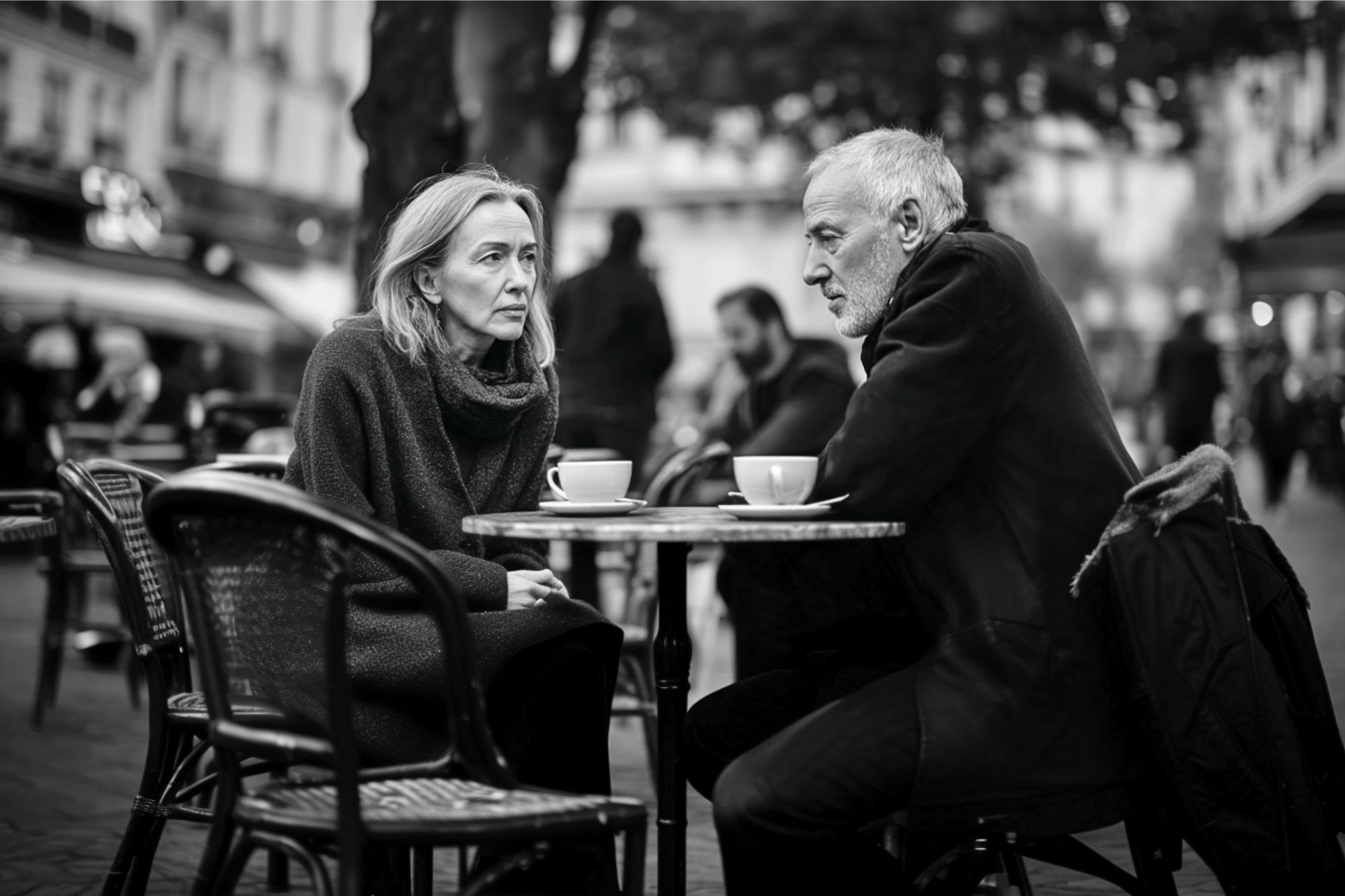 A woman and an older man sit across from each other at an outdoor café table, both with serious expressions, holding coffee cups. People and buildings blur in the background, creating a moody, urban atmosphere.