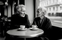 An older man and woman sit at a café table with coffee cups, looking at each other seriously. The scene is in black and white, with a window and buildings visible in the background.
