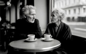 An older man and woman sit at a café table with coffee cups, looking at each other seriously. The scene is in black and white, with a window and buildings visible in the background.