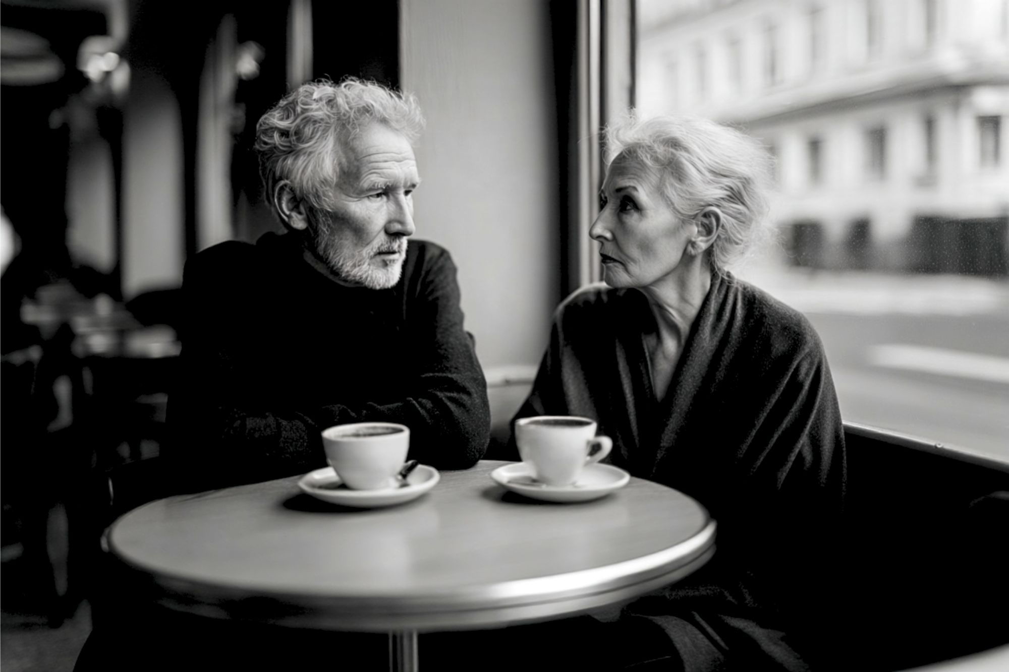 An older man and woman sit at a café table with coffee cups, looking at each other seriously. The scene is in black and white, with a window and buildings visible in the background.