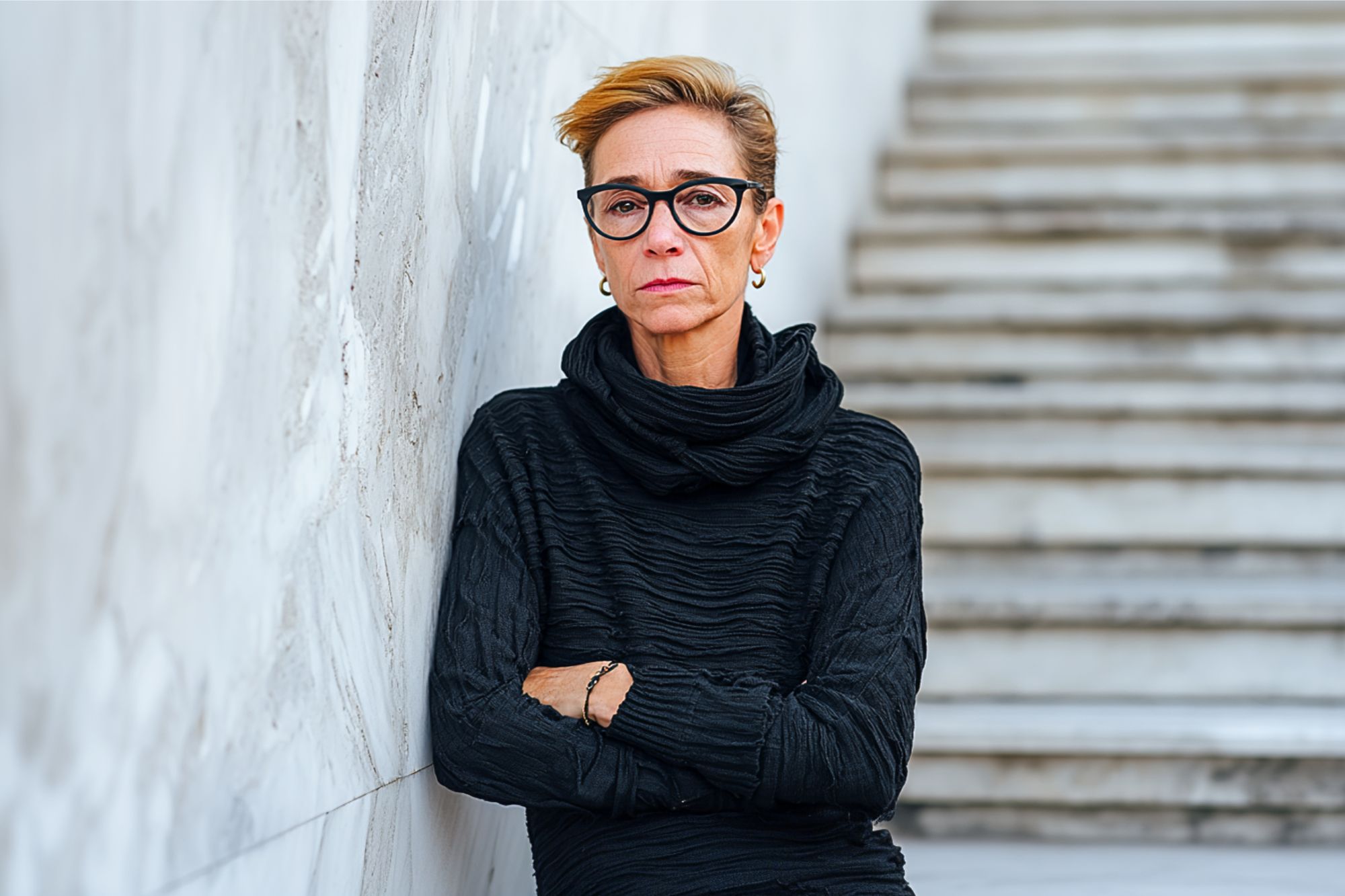 A person with short blond hair and glasses, wearing a black textured top, stands with arms crossed against a white marble wall beside a staircase, looking seriously at the camera.