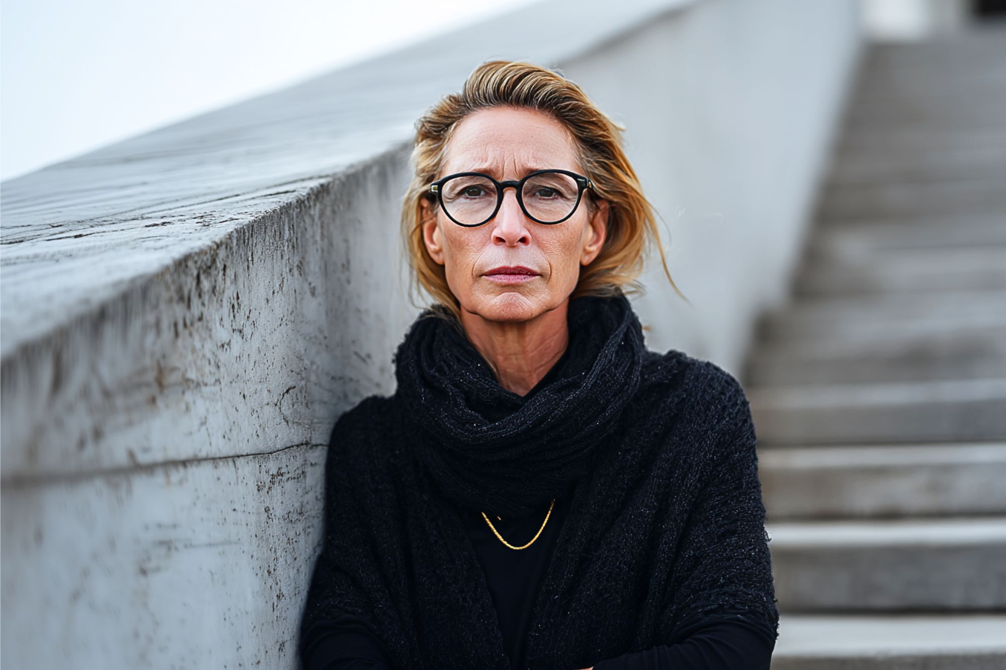 A middle-aged woman with blonde hair, wearing glasses, a black scarf, and a gold necklace, stands outdoors by a concrete wall next to a staircase, looking calmly at the camera.
