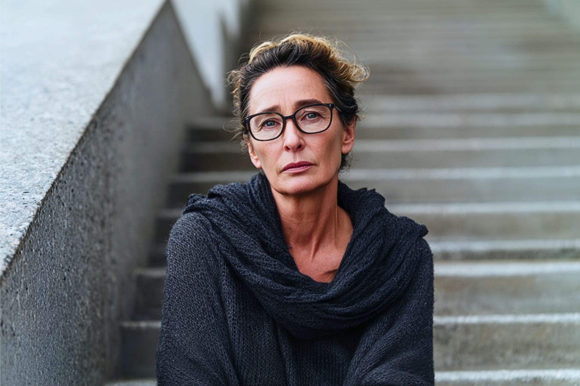 A woman with glasses and a dark sweater sits on outdoor steps, looking directly at the camera with a neutral expression.