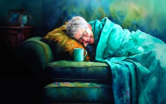 An older person with short gray hair and glasses smiles while resting on a couch, wrapped in a teal blanket, with a mug placed nearby. The setting is cozy and softly lit, suggesting comfort and relaxation.